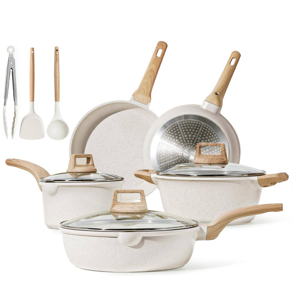 Carote Pots and Pans Set Nonstick, White Granite Induction Kitchen Cookware Sets, 11 Pcs Non Stick Cooking Set w/Frying Pans & Saucepans(PFOS, PFOA