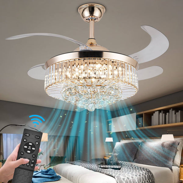 Crystal Ceiling Fan with Light,42 inch LED 3 Color Remote Control Retractable Invisible Blades 3 Speeds Indoor Ceiling Light Kits with Fans for