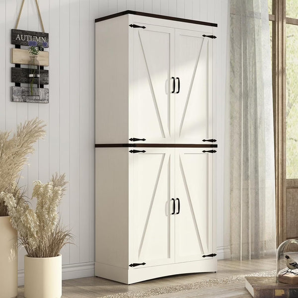 71" Tall Farmhouse Kitchen Pantry Cabinet, 5 Layers Storage Cabinet with Adjustable Shelves, Farmhouse Pantry Cabinet with 4 Barn Doors